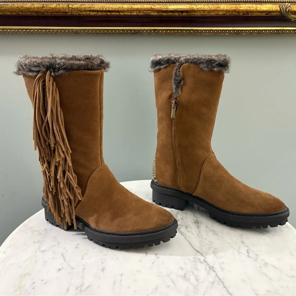 Sam Edelman Tilden Faux Fur Fringe Boots – Chestnut Suede w/ Snakeskin Trim